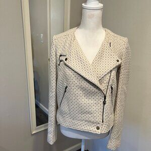 NWT QMack Beige Gold Metallic Tweed Zipper Moto Jacket, Size Large